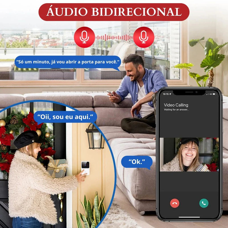 Campainha Com Câmera Vídeo Porteiro Sem Fio Wi-Fi HD Inteligente Smart Home Vê Pelo Celular Recarregável